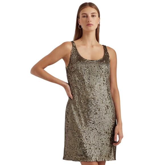 Ralph Lauren Dresses & Skirts - Ralph Lauren Sequined Sparkly Mini Shift Cocktail Dress Size 14 Bronzed Green